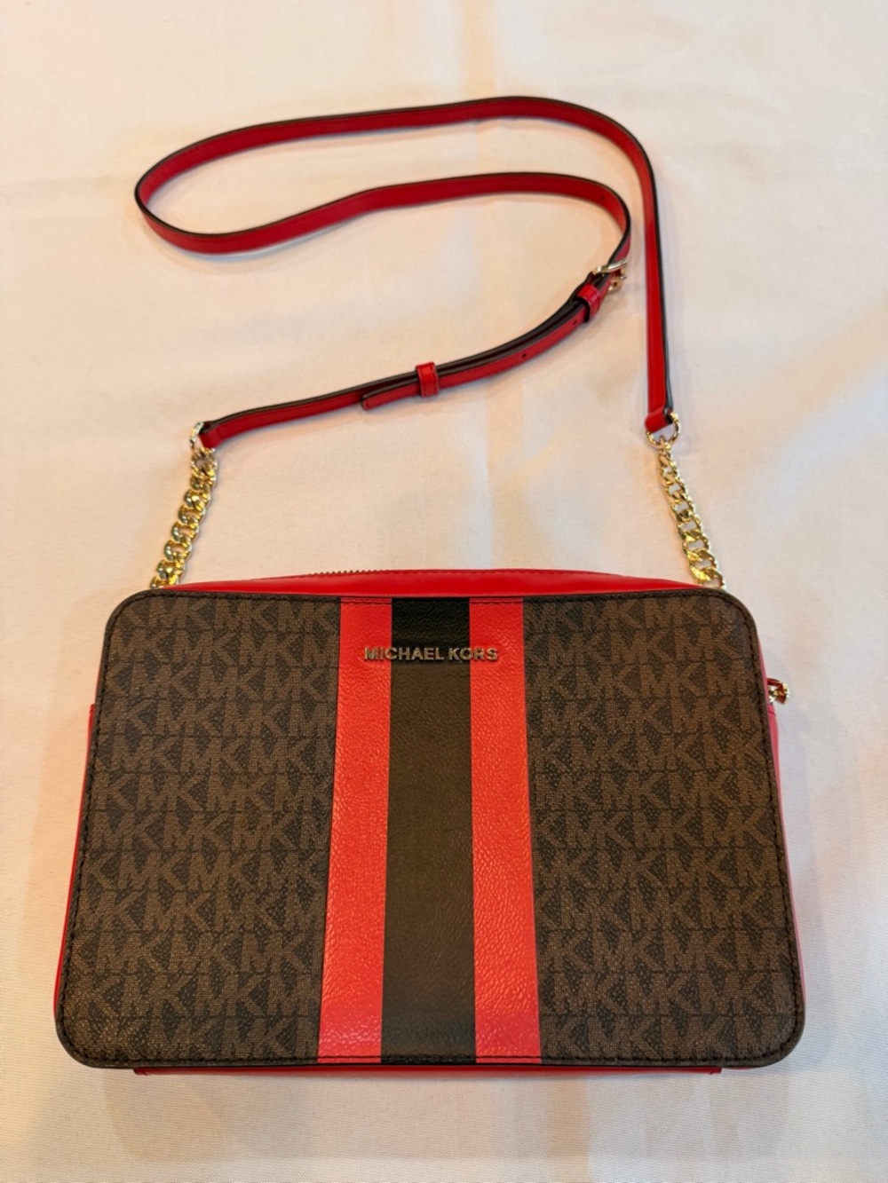 Michael Kors Large Jet Set Crossbody Bag Brown Logo Red Leather Black Stripe
